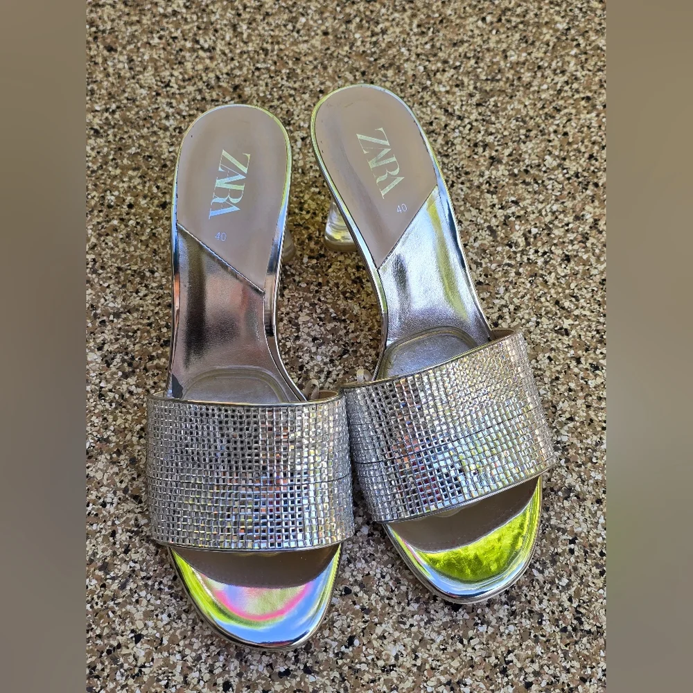 Zara Glamorous Sparkly Silver Heeled Sandals, Size 40 - Picture 3 of 14